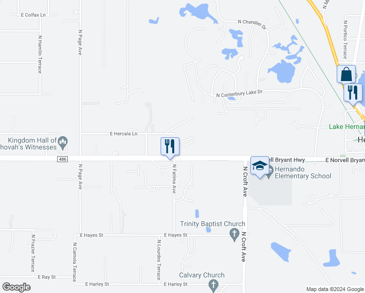 map of restaurants, bars, coffee shops, grocery stores, and more near 2605 East Marco Court in Hernando