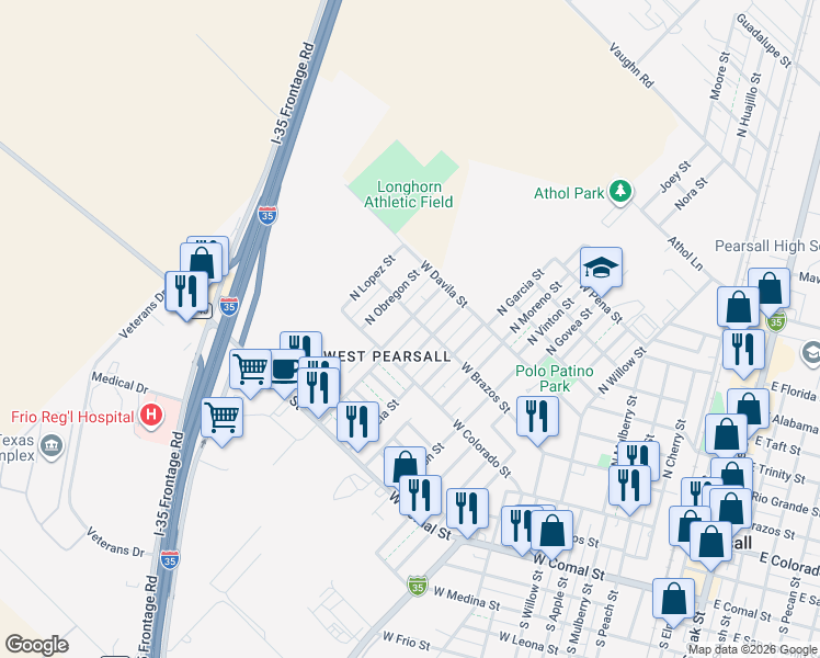 map of restaurants, bars, coffee shops, grocery stores, and more near 134 North Tafolla Street in Pearsall
