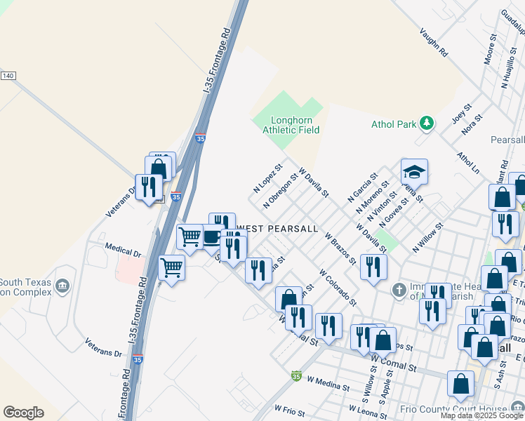 map of restaurants, bars, coffee shops, grocery stores, and more near 1636 West Colorado Street in Pearsall