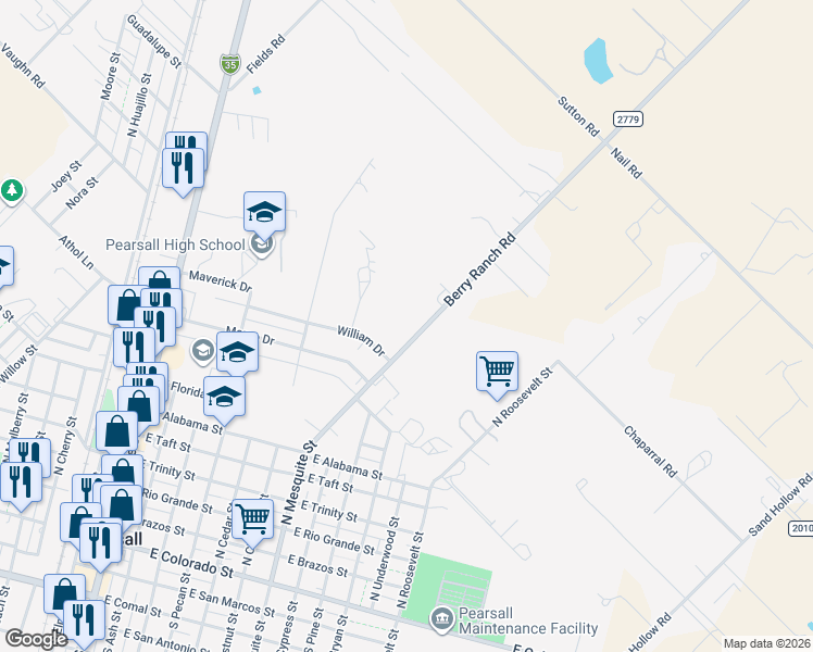 map of restaurants, bars, coffee shops, grocery stores, and more near 567 William Drive in Pearsall