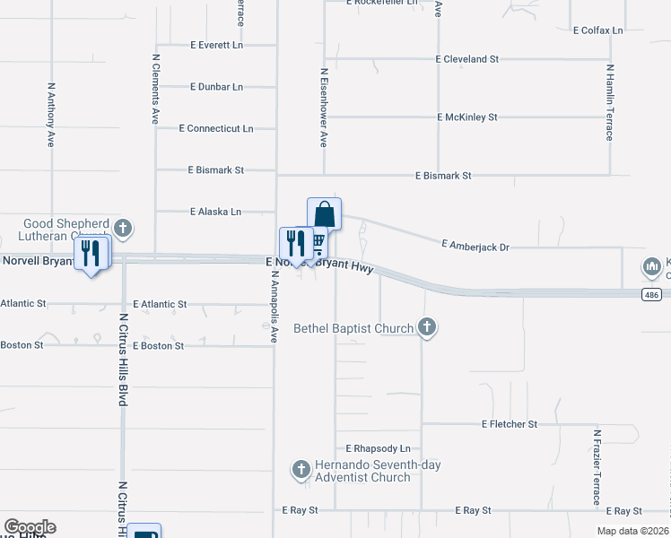 map of restaurants, bars, coffee shops, grocery stores, and more near 2520 North Trucks Avenue in Hernando