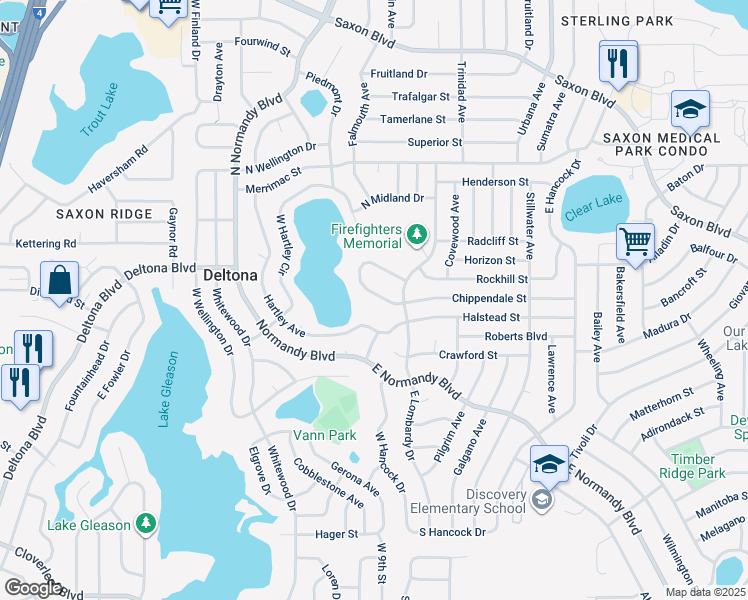 map of restaurants, bars, coffee shops, grocery stores, and more near 753 Waterfall Circle in Deltona