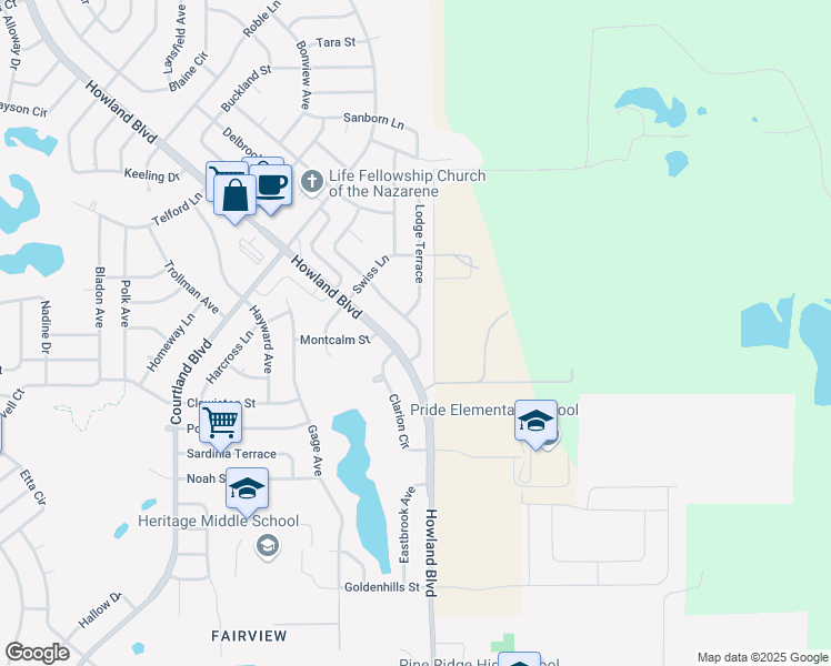 map of restaurants, bars, coffee shops, grocery stores, and more near 1248 Howland Boulevard in Deltona