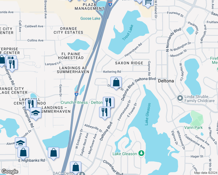 map of restaurants, bars, coffee shops, grocery stores, and more near 309 Diamond Street in Deltona