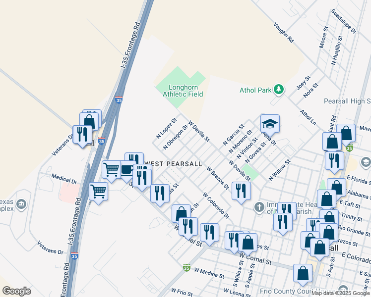 map of restaurants, bars, coffee shops, grocery stores, and more near 1622 West Brazos Street in Pearsall