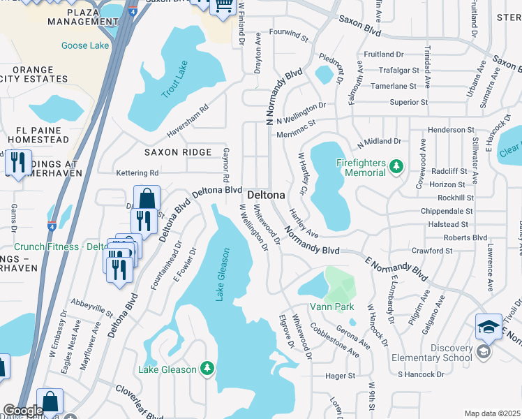 map of restaurants, bars, coffee shops, grocery stores, and more near 1315 Whitewood Drive in Deltona