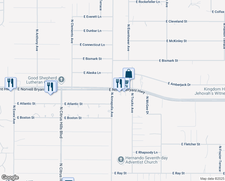 map of restaurants, bars, coffee shops, grocery stores, and more near 850 East Norvell Bryant Highway in Hernando