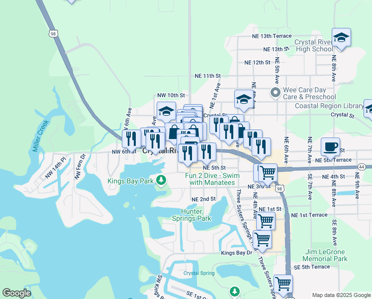 map of restaurants, bars, coffee shops, grocery stores, and more near 15 North Suncoast Boulevard in Crystal River