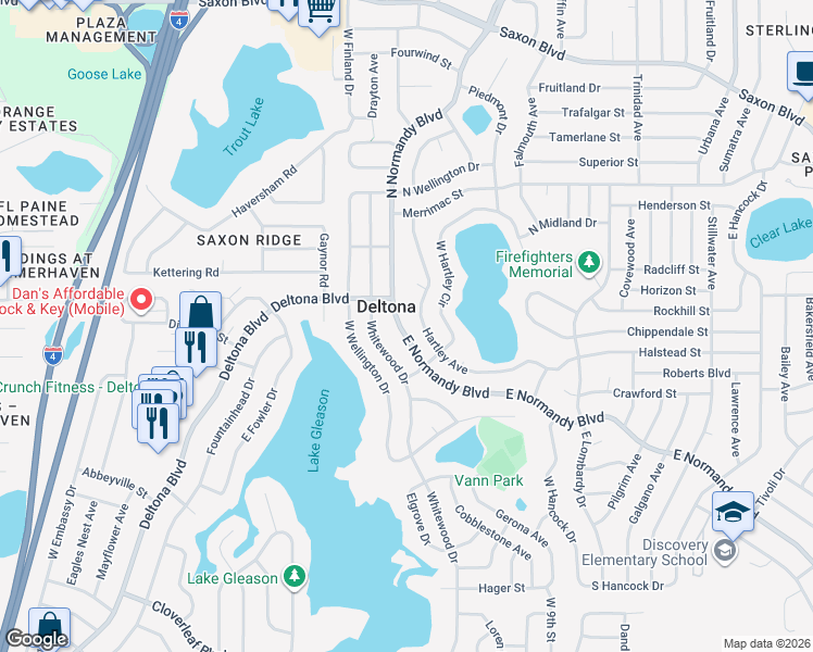 map of restaurants, bars, coffee shops, grocery stores, and more near 575 East Normandy Boulevard in Deltona