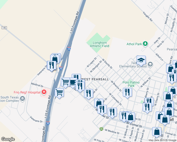 map of restaurants, bars, coffee shops, grocery stores, and more near 109 North Obregon Street in Pearsall