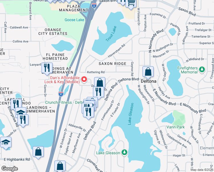map of restaurants, bars, coffee shops, grocery stores, and more near 1342 West Fowler Drive in Deltona