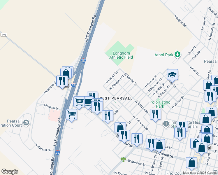map of restaurants, bars, coffee shops, grocery stores, and more near 109 North Obregon Street in Pearsall