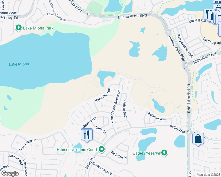 map of restaurants, bars, coffee shops, grocery stores, and more near 1581 Hartsville Trail in The Villages