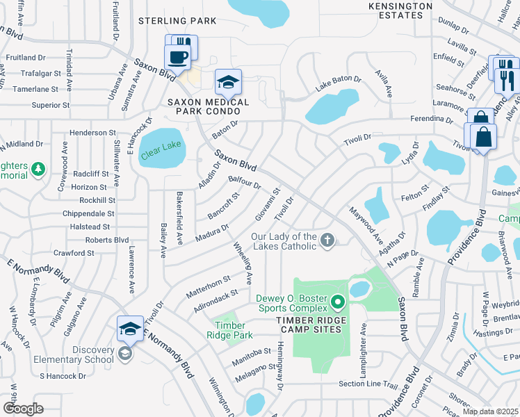map of restaurants, bars, coffee shops, grocery stores, and more near 1199 Balfour Drive in Deltona