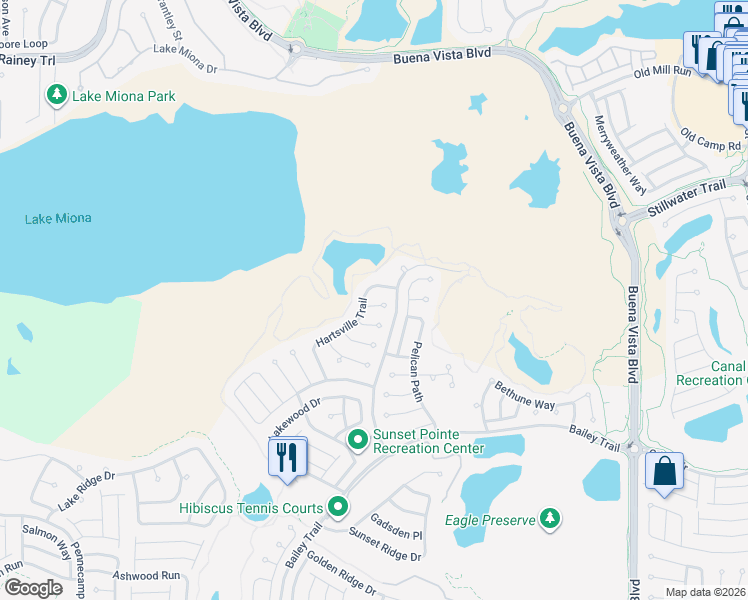 map of restaurants, bars, coffee shops, grocery stores, and more near 1539 Hartsville Trail in The Villages