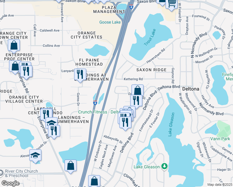 map of restaurants, bars, coffee shops, grocery stores, and more near 264 West Evans Circle in Deltona