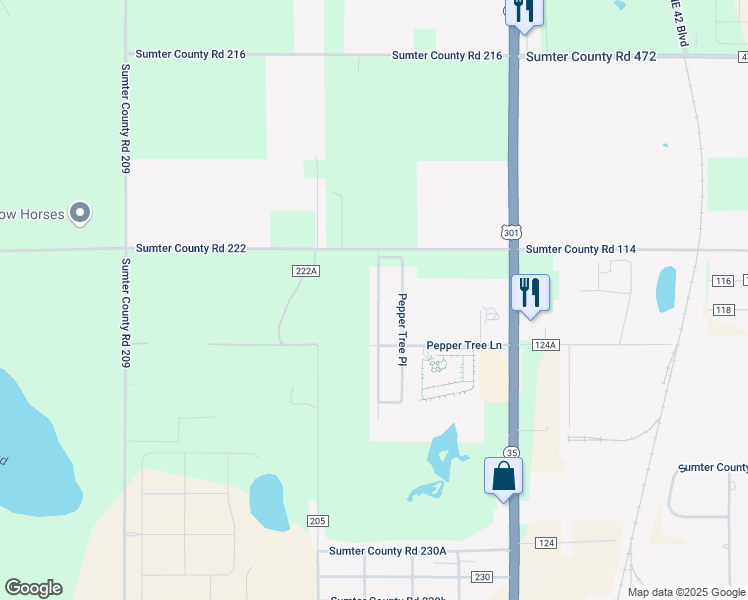 map of restaurants, bars, coffee shops, grocery stores, and more near 9760 Pepper Tree Trail in Wildwood