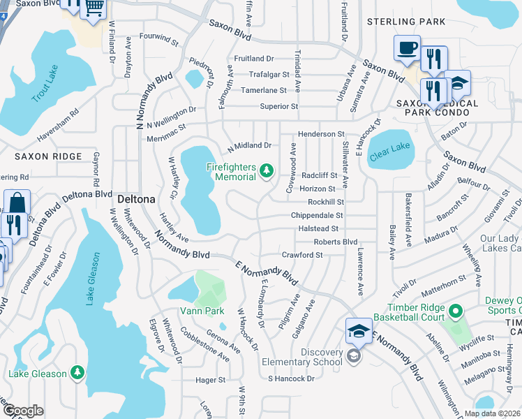 map of restaurants, bars, coffee shops, grocery stores, and more near 1329 East Lombardy Drive in Deltona