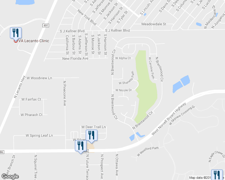 map of restaurants, bars, coffee shops, grocery stores, and more near 2255 North Brentwood Circle in Lecanto