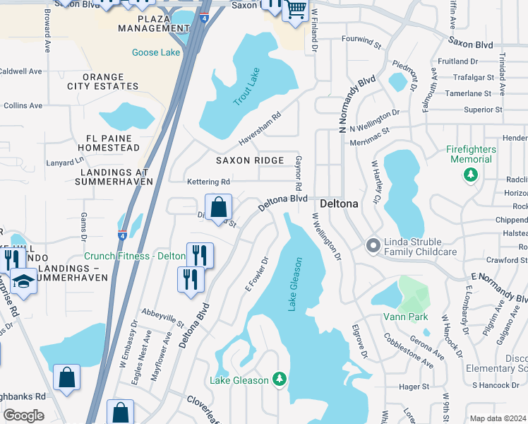 map of restaurants, bars, coffee shops, grocery stores, and more near 1326 North Fowler Drive in Deltona