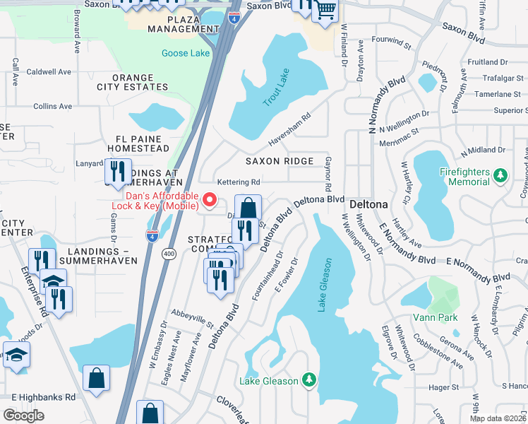 map of restaurants, bars, coffee shops, grocery stores, and more near 1331 West Fowler Drive in Deltona