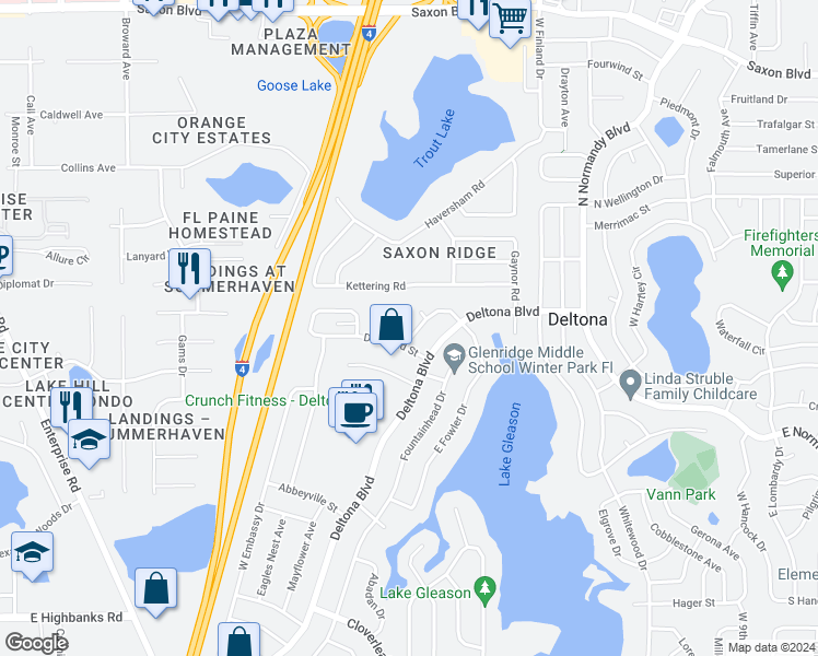map of restaurants, bars, coffee shops, grocery stores, and more near 1336 West Fowler Drive in Deltona