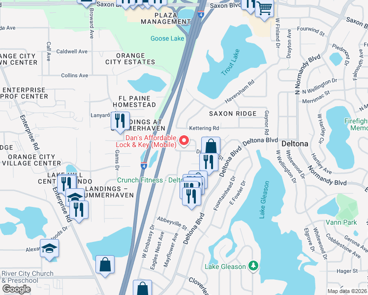 map of restaurants, bars, coffee shops, grocery stores, and more near 266 Diamond Street in Deltona