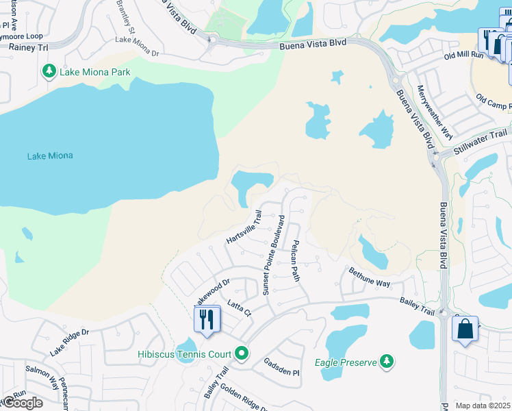 map of restaurants, bars, coffee shops, grocery stores, and more near 1581 Hartsville Trail in The Villages