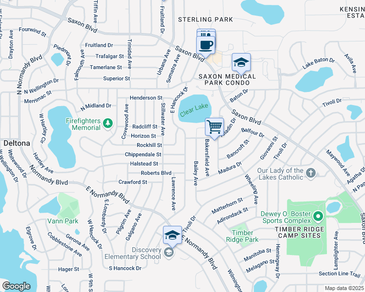 map of restaurants, bars, coffee shops, grocery stores, and more near 1348 East Hancock Drive in Deltona