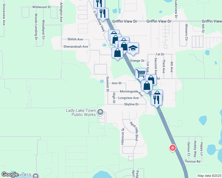 map of restaurants, bars, coffee shops, grocery stores, and more near 203 Morningside Avenue in Lady Lake