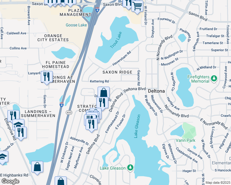 map of restaurants, bars, coffee shops, grocery stores, and more near 1349 West Fowler Drive in Deltona