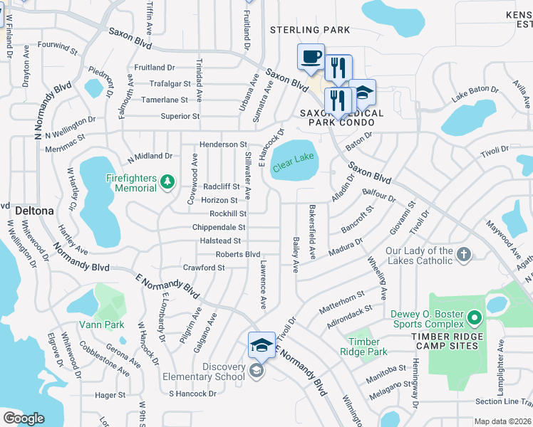 map of restaurants, bars, coffee shops, grocery stores, and more near 1356 East Hancock Drive in Deltona