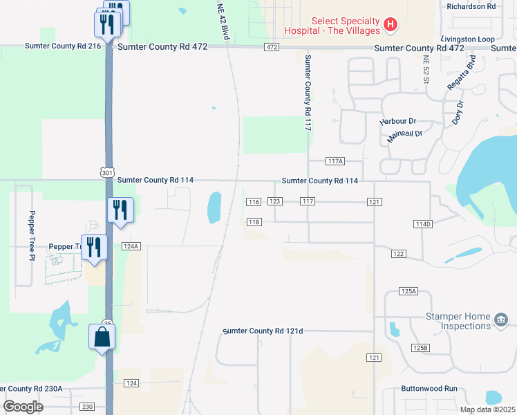 map of restaurants, bars, coffee shops, grocery stores, and more near 4571 County Road 116 in Wildwood
