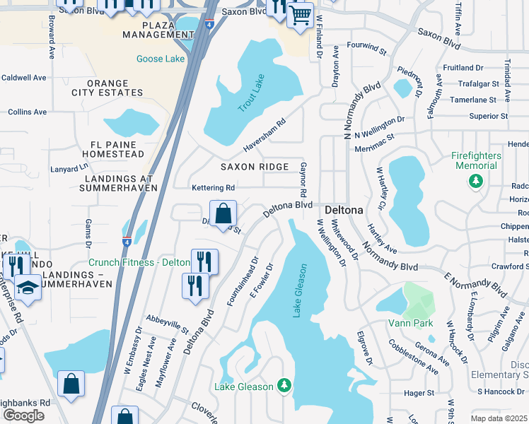 map of restaurants, bars, coffee shops, grocery stores, and more near 1346 North Fowler Drive in Deltona