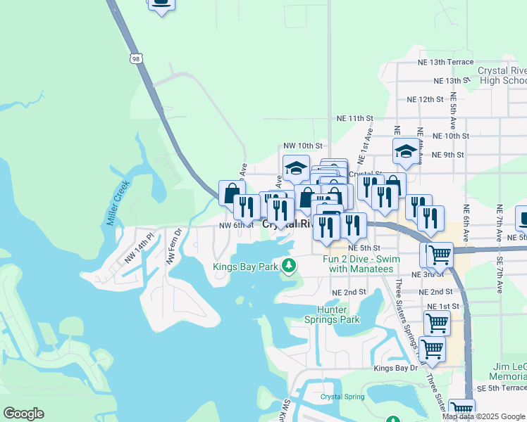 map of restaurants, bars, coffee shops, grocery stores, and more near Northwest 4th Avenue in Crystal River