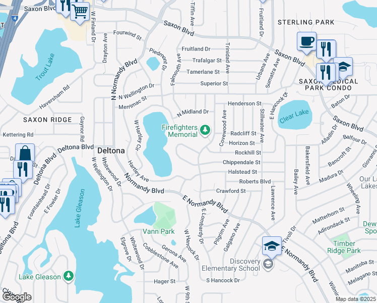 map of restaurants, bars, coffee shops, grocery stores, and more near 713 Waterfall Circle in Deltona