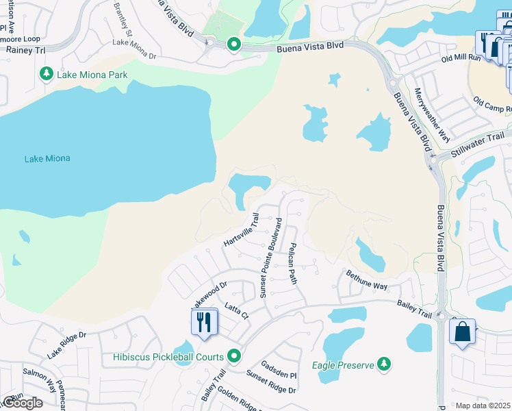 map of restaurants, bars, coffee shops, grocery stores, and more near 1581 Hartsville Trail in The Villages