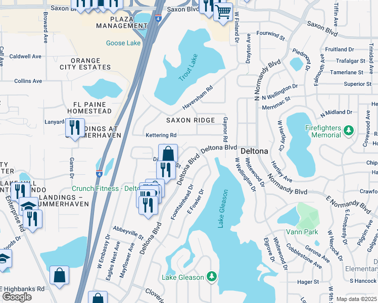 map of restaurants, bars, coffee shops, grocery stores, and more near 1346 North Fowler Drive in Deltona
