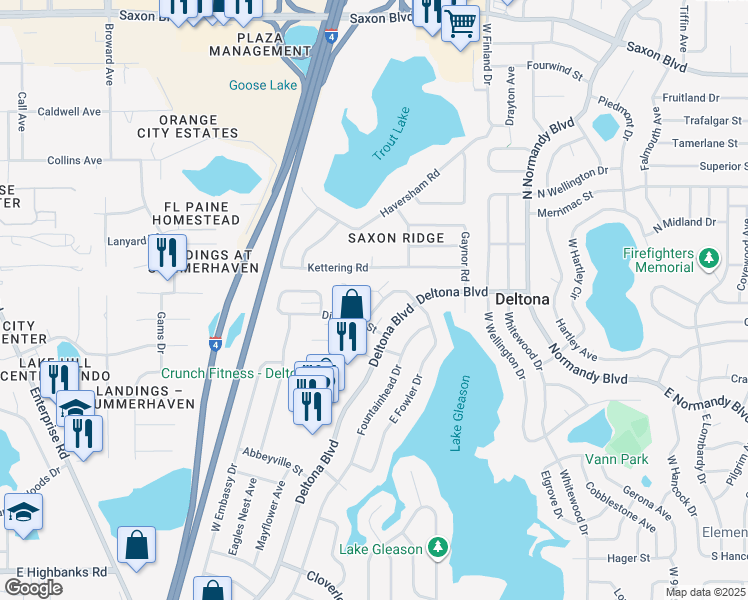 map of restaurants, bars, coffee shops, grocery stores, and more near 1342 West Fowler Drive in Deltona