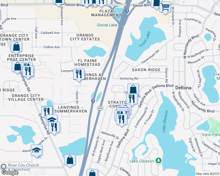 map of restaurants, bars, coffee shops, grocery stores, and more near 1340 West Evans Circle in Deltona