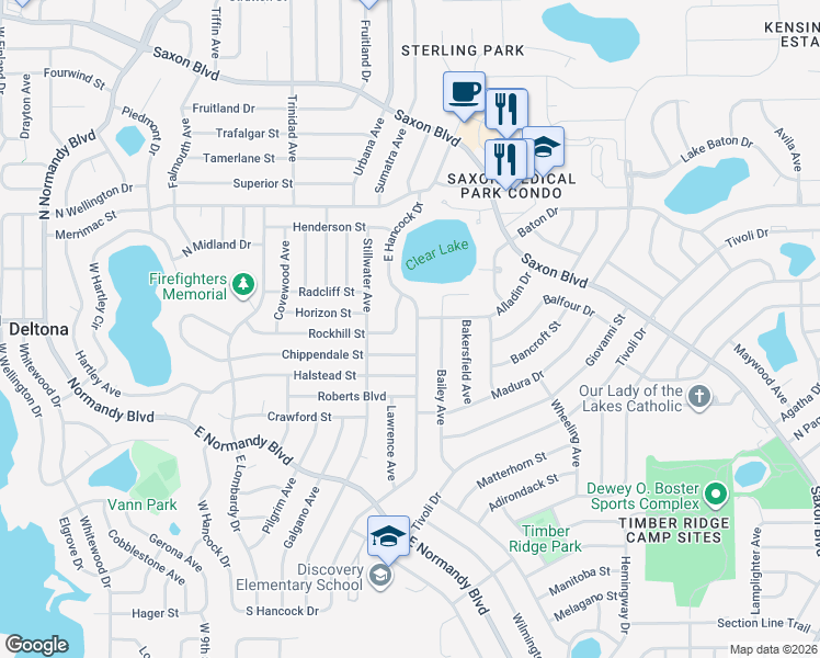 map of restaurants, bars, coffee shops, grocery stores, and more near 1356 East Hancock Drive in Deltona