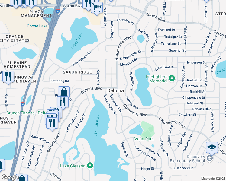 map of restaurants, bars, coffee shops, grocery stores, and more near 1347 Whitewood Drive in Deltona