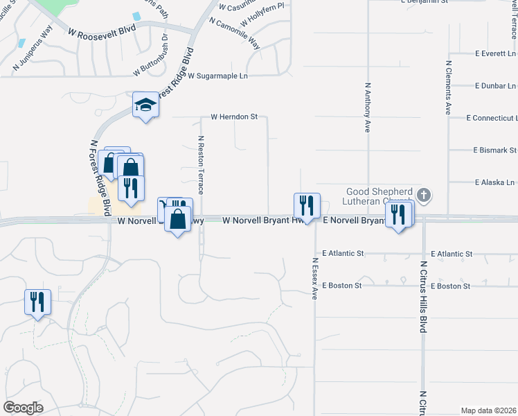 map of restaurants, bars, coffee shops, grocery stores, and more near 161 West Norvell Bryant Highway in Hernando