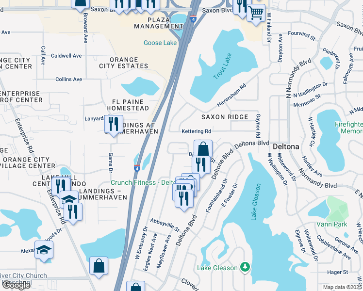 map of restaurants, bars, coffee shops, grocery stores, and more near 279 North Evans Circle in Deltona