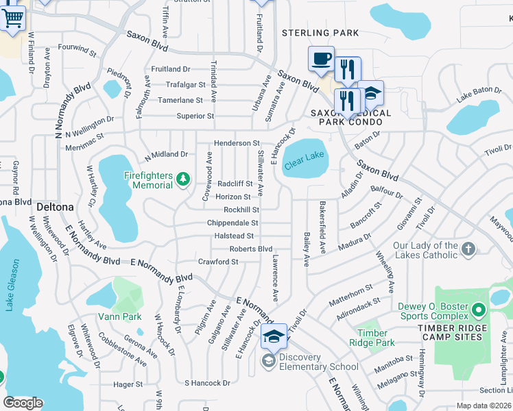 map of restaurants, bars, coffee shops, grocery stores, and more near 932 Rockhill Street in Deltona