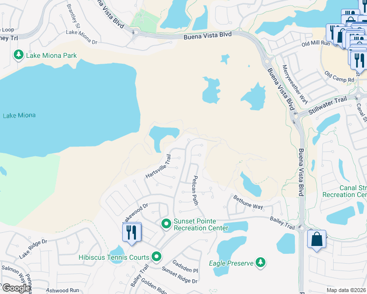 map of restaurants, bars, coffee shops, grocery stores, and more near 1539 Hartsville Trail in The Villages