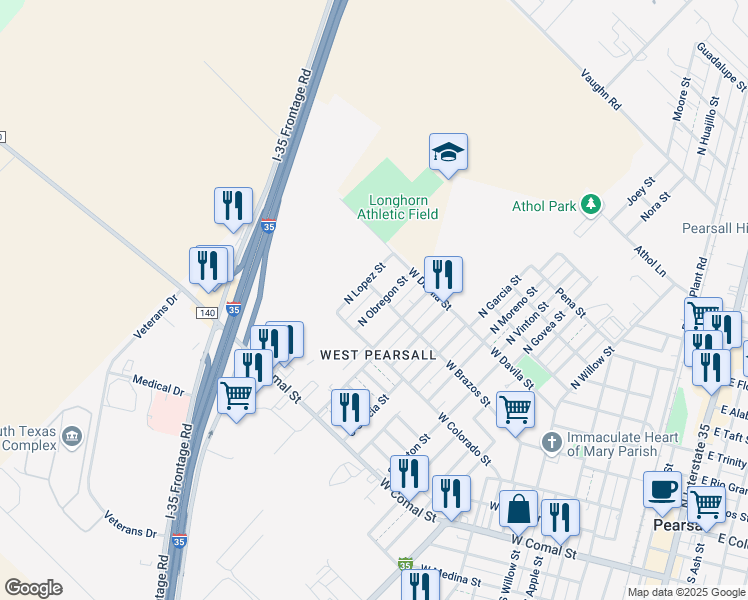 map of restaurants, bars, coffee shops, grocery stores, and more near 1622 West Brazos Street in Pearsall
