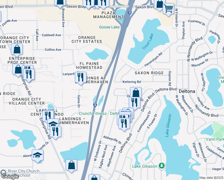map of restaurants, bars, coffee shops, grocery stores, and more near 1340 West Evans Circle in Deltona