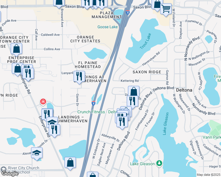 map of restaurants, bars, coffee shops, grocery stores, and more near 1340 West Evans Circle in Deltona