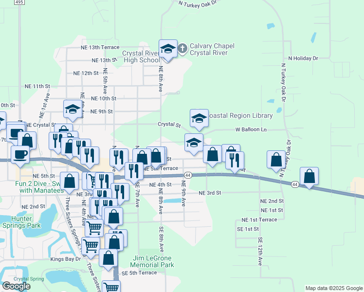 map of restaurants, bars, coffee shops, grocery stores, and more near 947 Northeast 6th Street in Crystal River